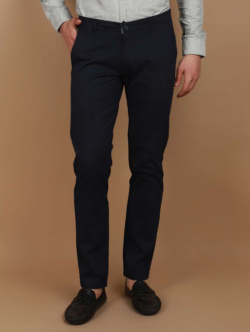 men navy blue cotton flat front casual trouser