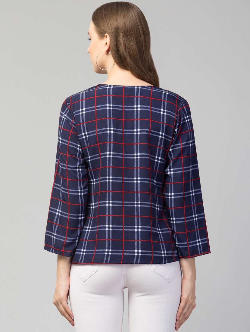 women navy blue checked printed regular top - 21074466 -  Standard Image - 2