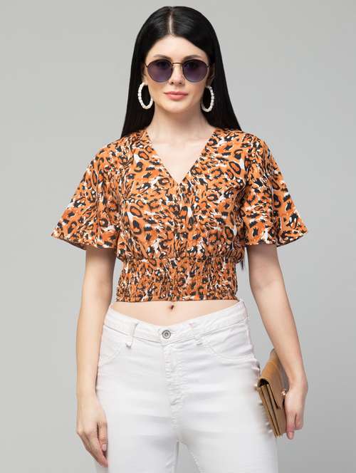 women brown printed detailed crop top - 21074493 -  Standard Image - 0