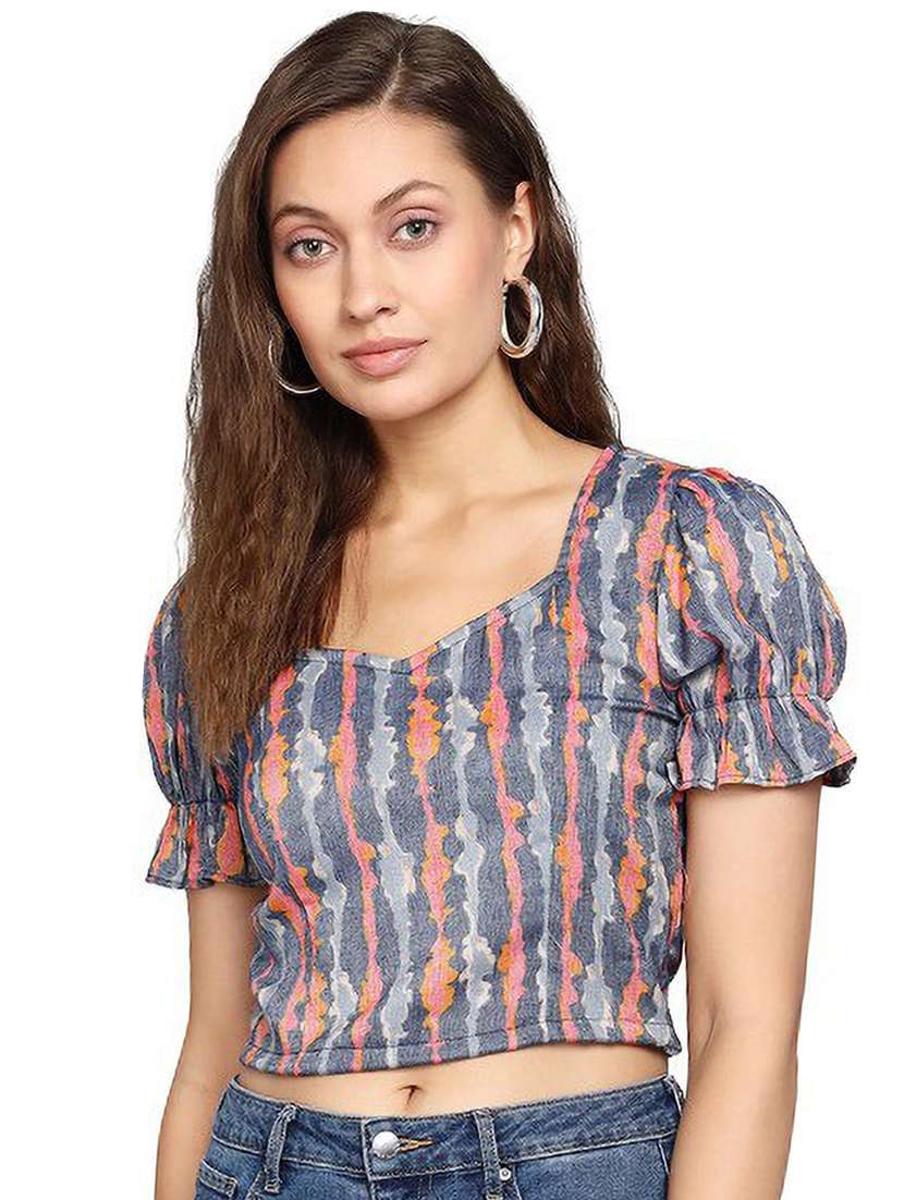 women blue tie & dye printed detailed crop top
