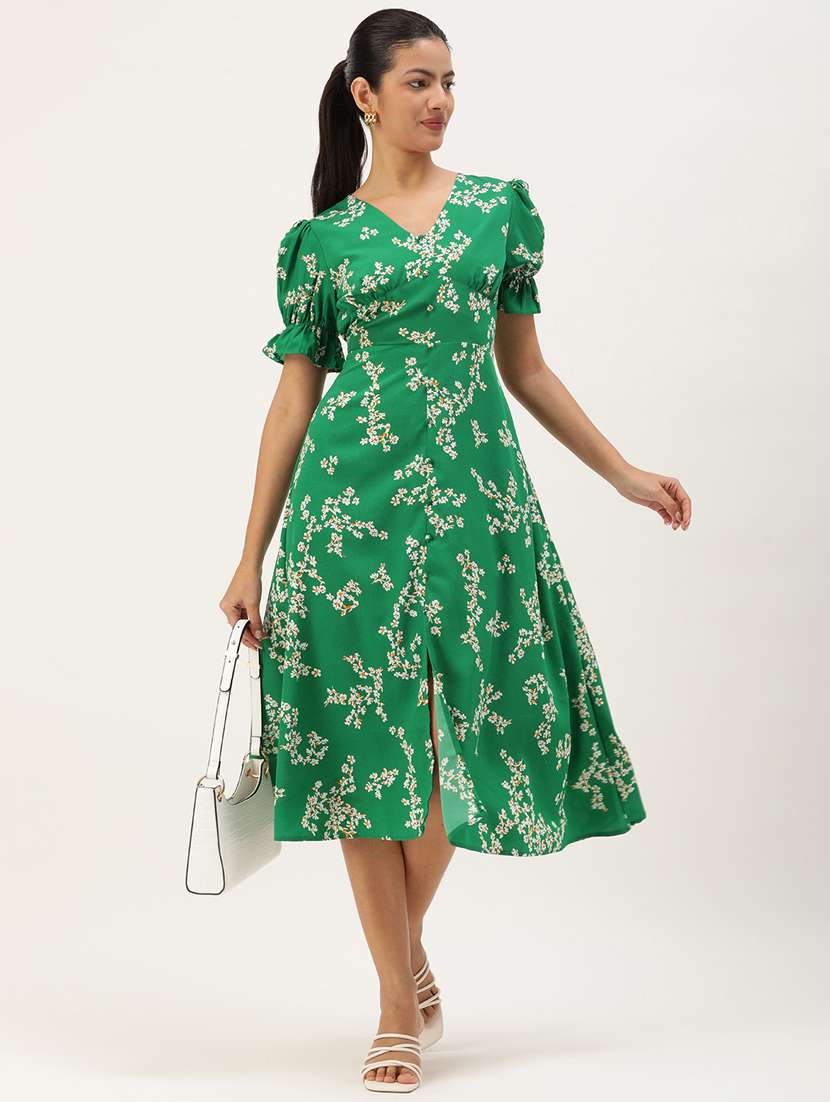 green crepe fit & flare dress