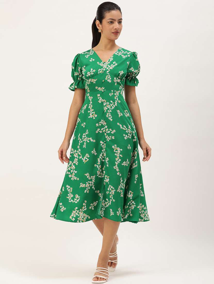 green crepe fit & flare dress - 21074742 -  Standard Image - 2