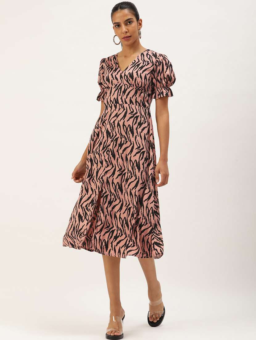 peach crepe fit & flare dress - 21074743 - Zoom Image - 0