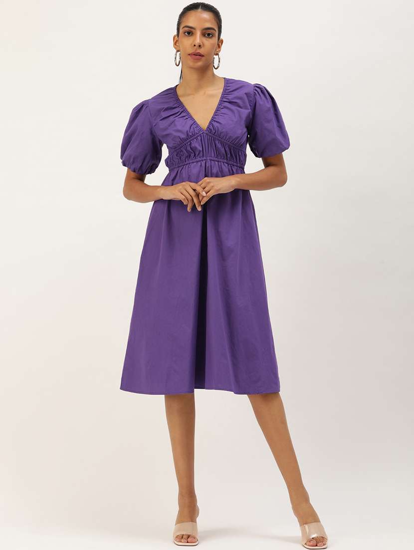 Purple Cotton Blend Fit & Flare Dress