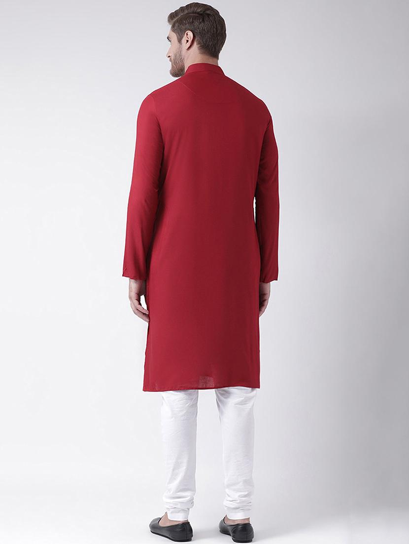 men solid red draped detailed kurta & churidar set - 21078291 - Standard Image - 2