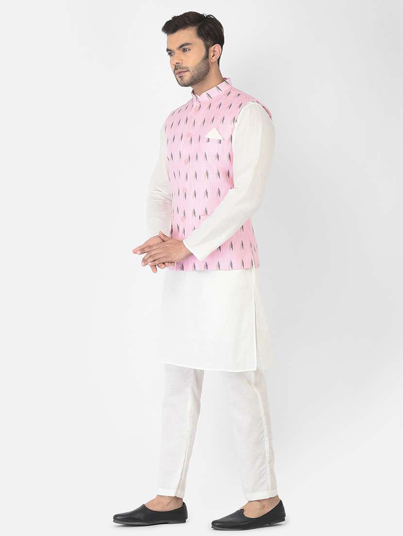 men pink & white printed kurta jacket & trouser set - 21079088 - Standard Image - 2
