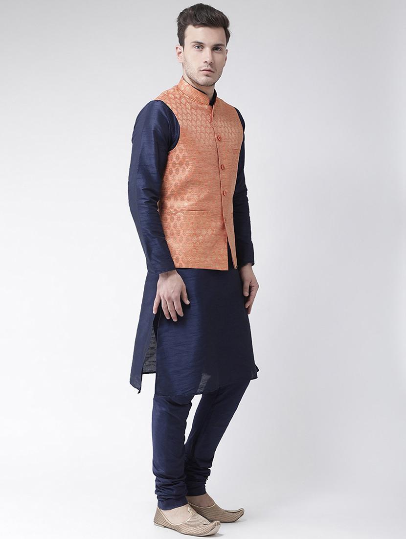 men navy blue self design detailed kurta jacket & pyjama set - 21079426 - Standard Image - 2