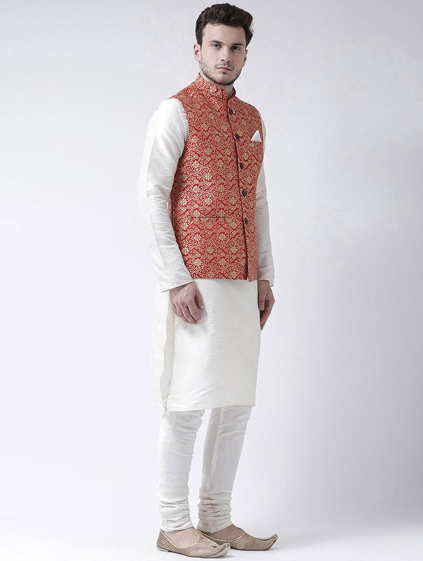 men white kurta churidar ethnic wear set with jacket - 21079435 - Standard Image - 2
