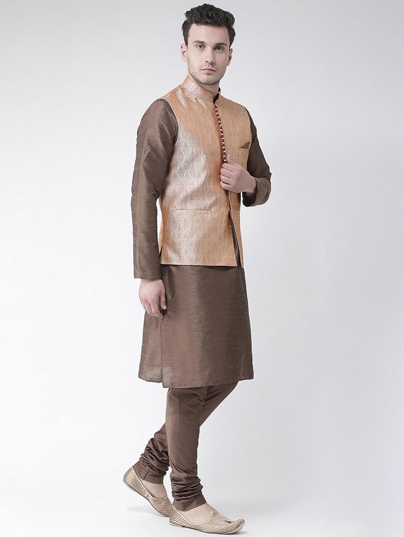 men brown self design detailed kurta jacket & pyjama set - 21079463 - Standard Image - 2