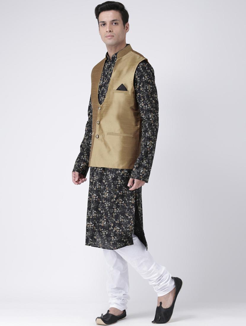 men black floral printed kurta jacket & pyjama set - 21079608 - Standard Image - 2