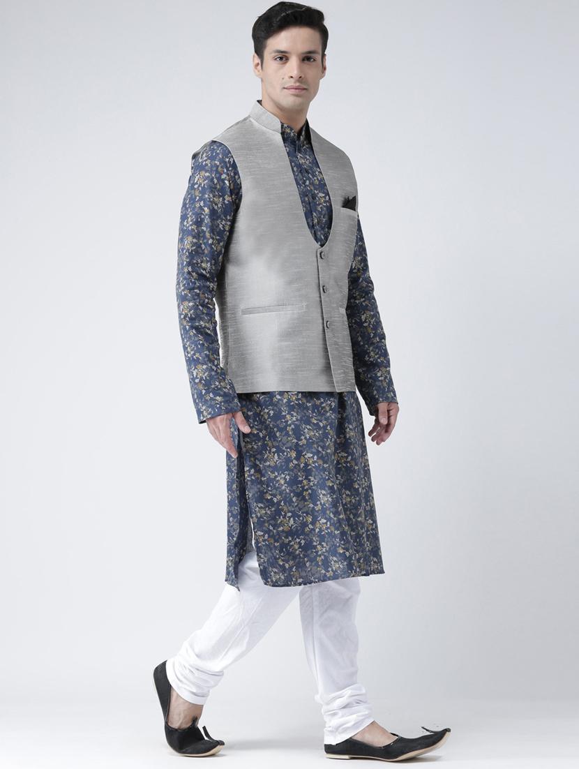 men blue & white floral printed kurta jacket & pyjama set - 21079615 - Standard Image - 2