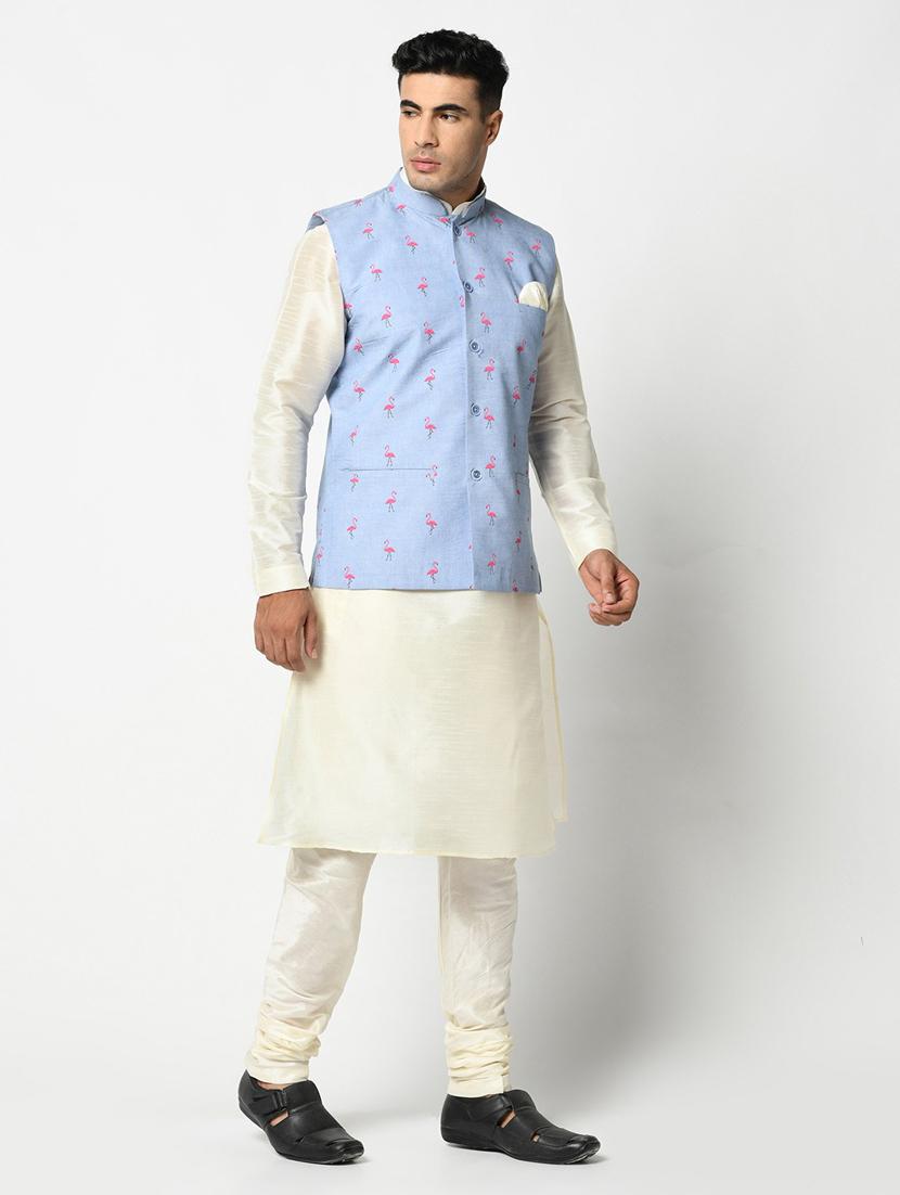 men blue & white printed kurta jacket & pyjama set - 21079692 - Standard Image - 2