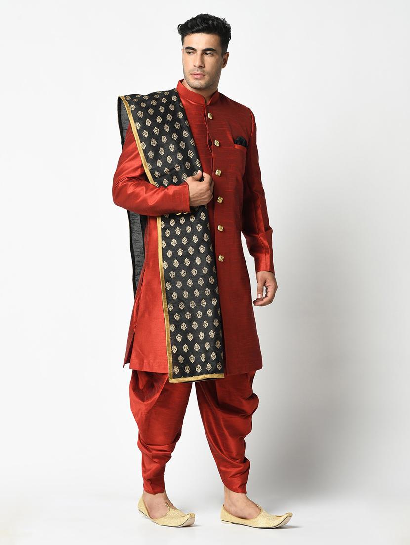 men long sleeve self design sherwani set - 21080119 - Standard Image - 2