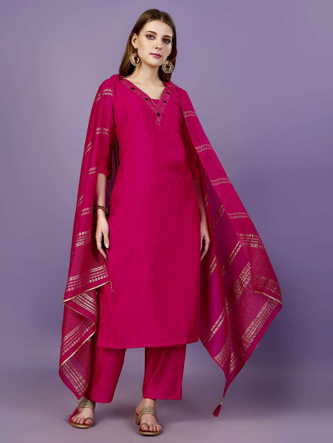 women three quarter sleeve kurta pant with dupatta set