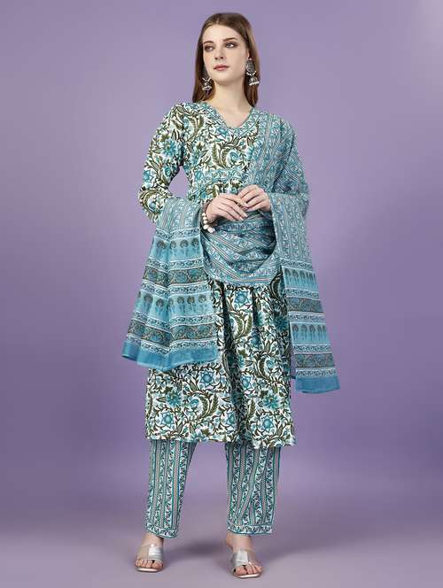 women turquoise kurta plalazzo set with dupatta - 21080300 - Standard Image - 0