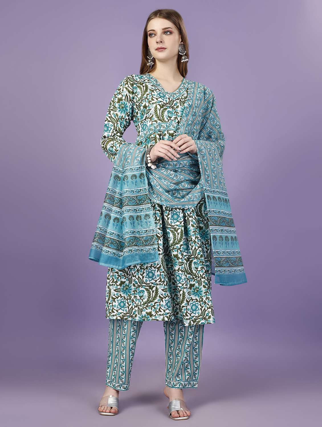 women turquoise kurta plalazzo set with dupatta - 21080300 - Zoom Image - 0