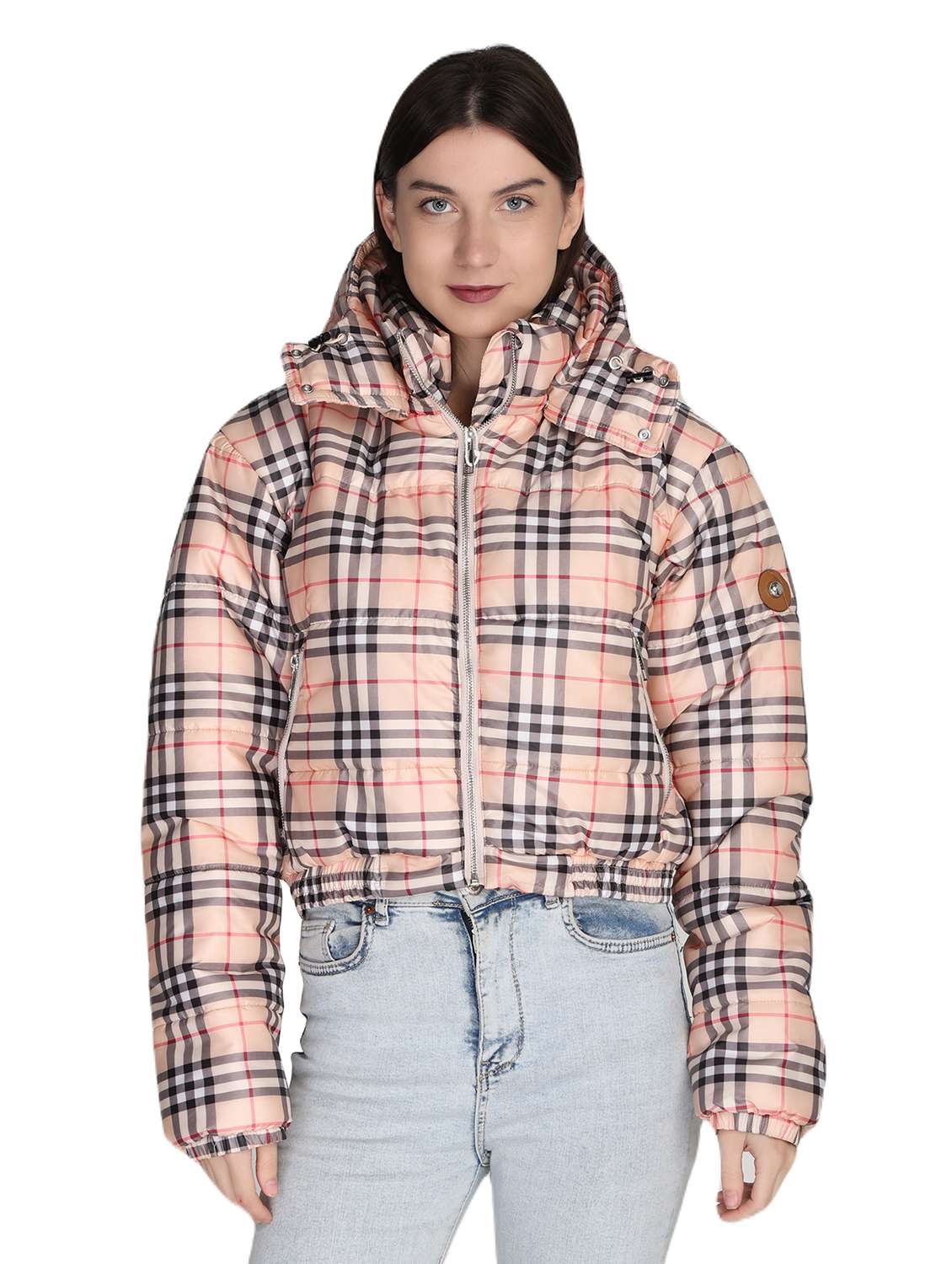 women checkered hooded quilted jacket
