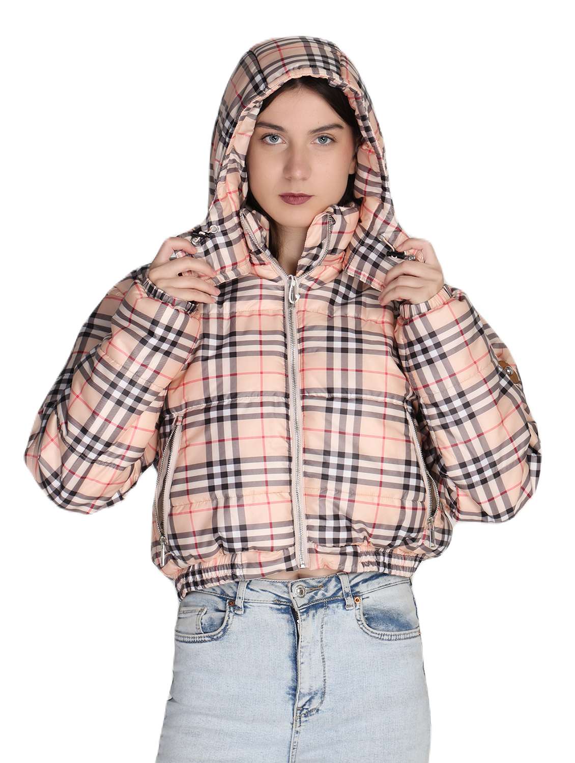 women checkered hooded quilted jacket - 21081249 - Standard Image - 2