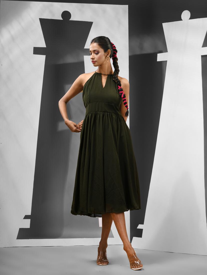 women solid green fit & flare dress - 21081687 -  Zoom Image - 0