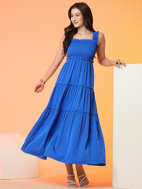 globus women blue square neck strappy shoulder smocked tiered fit & flare maxi dress - 21081722 - Standard Image - 0