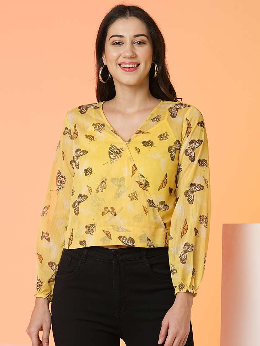 women v neck printed wrap top