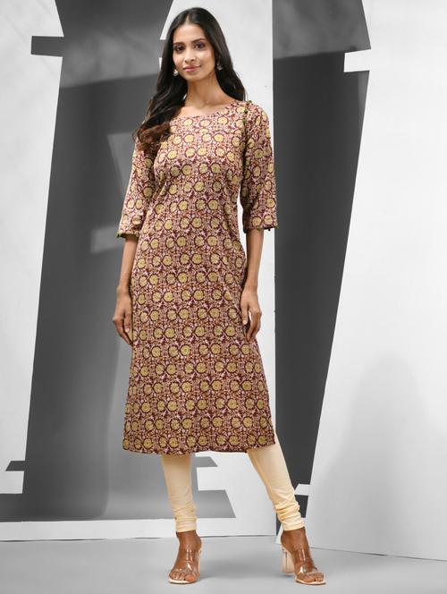 women brown round neck straight kurta - 21081770 -  Standard Image - 0
