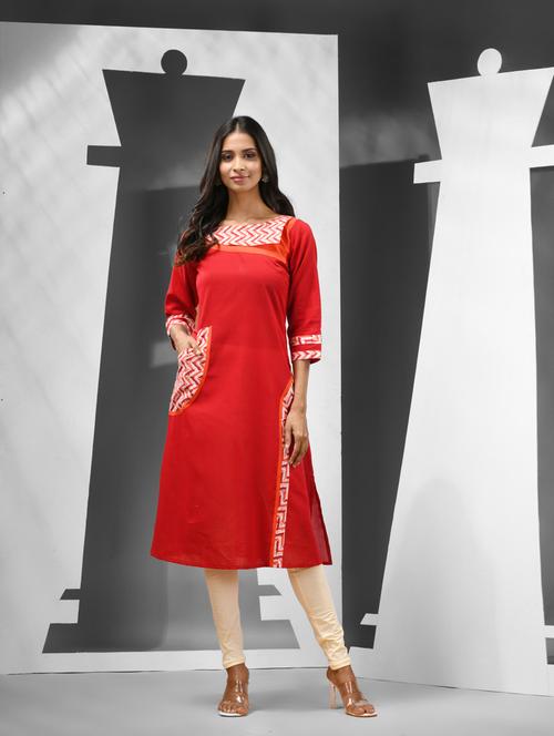 women red three quarter sleeves a-line kurta - 21081773 -  Standard Image - 0