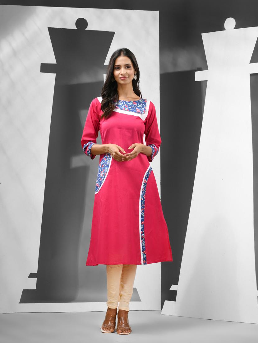 women pink three quarter sleeves a-line kurta - 21081774 -  Zoom Image - 0