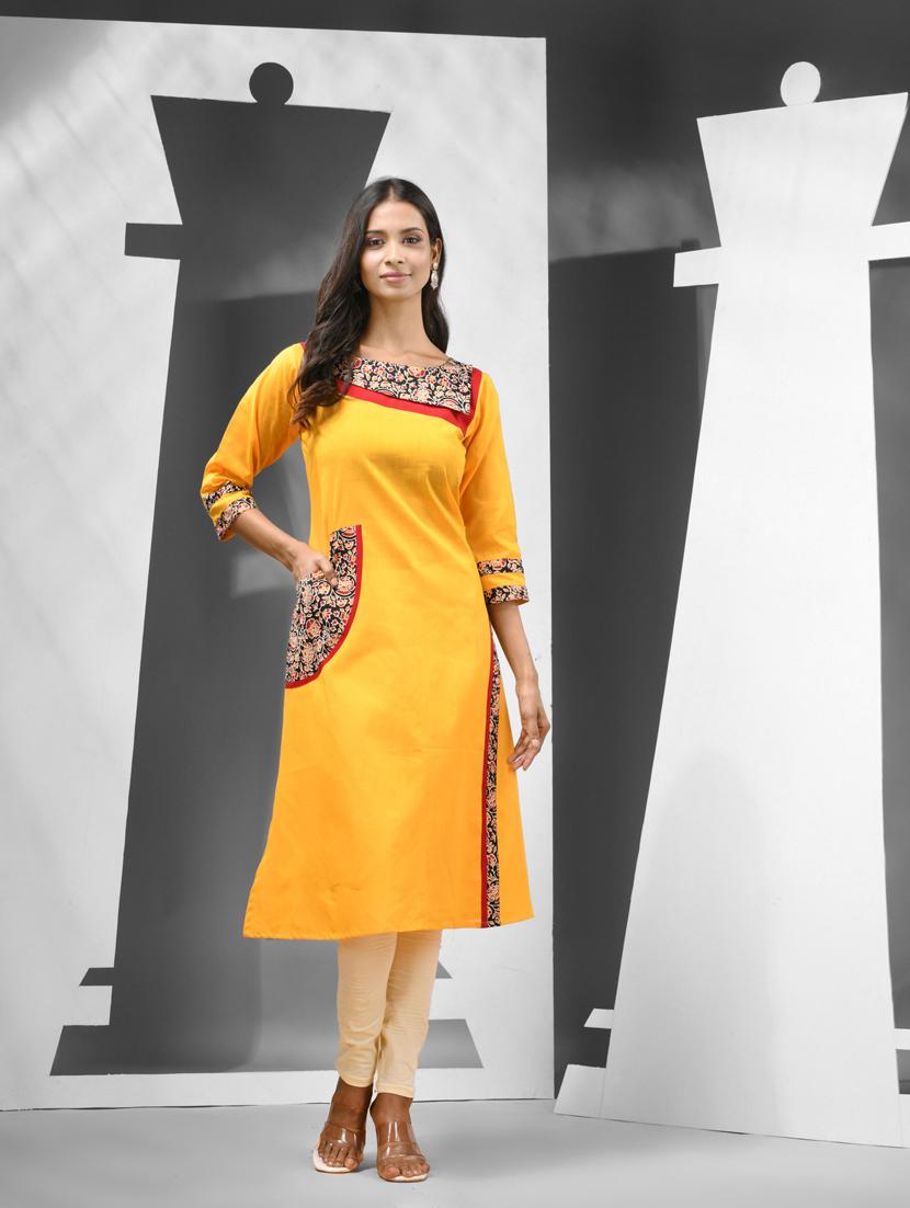 women yellow three quarter sleeves a-line kurta - 21081775 - Zoom Image - 0