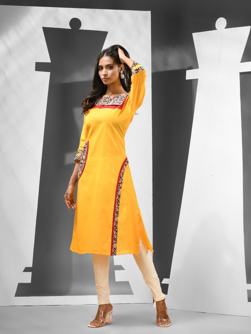 women yellow three quarter sleeves a-line kurta - 21081775 - Standard Image - 2