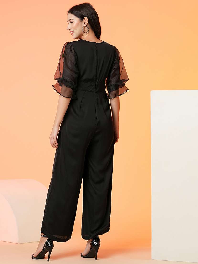 globus women black floral applique waist wrap neck puffed sleeves party jumpsuit - 21081833 -  Standard Image - 2