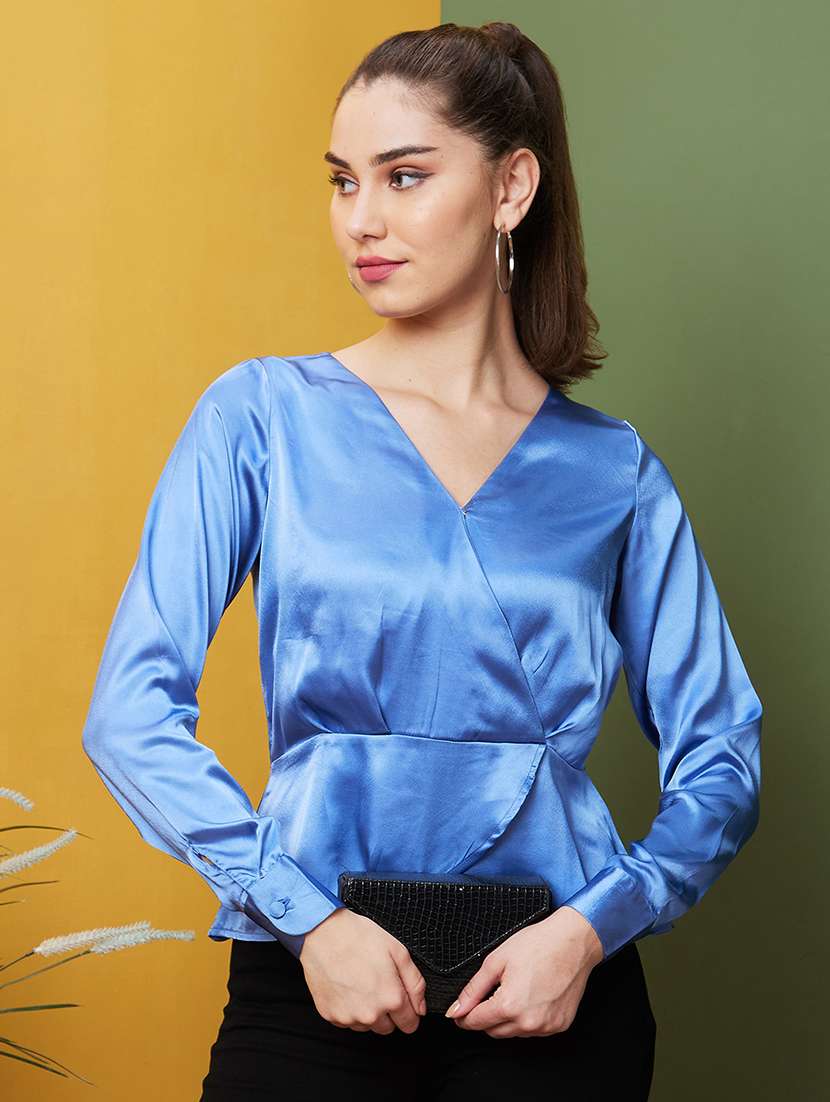 blue satin wrap top