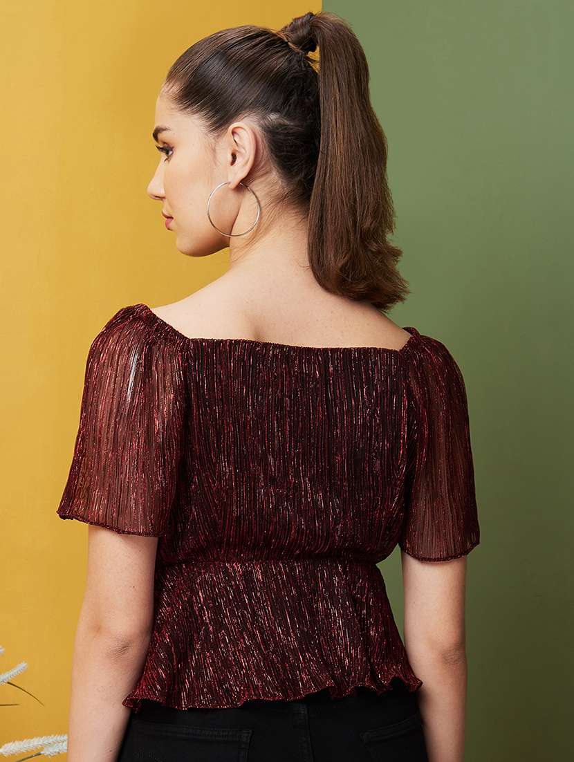 globus women red sweetheart neck raglan sleeves cinched waist shiny party top - 21081858 -  Standard Image - 2