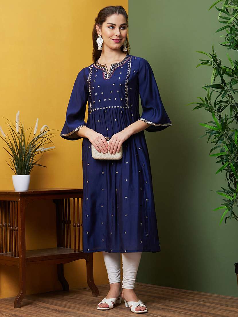 Women Navy Blue Notch Neck A Line Kurta