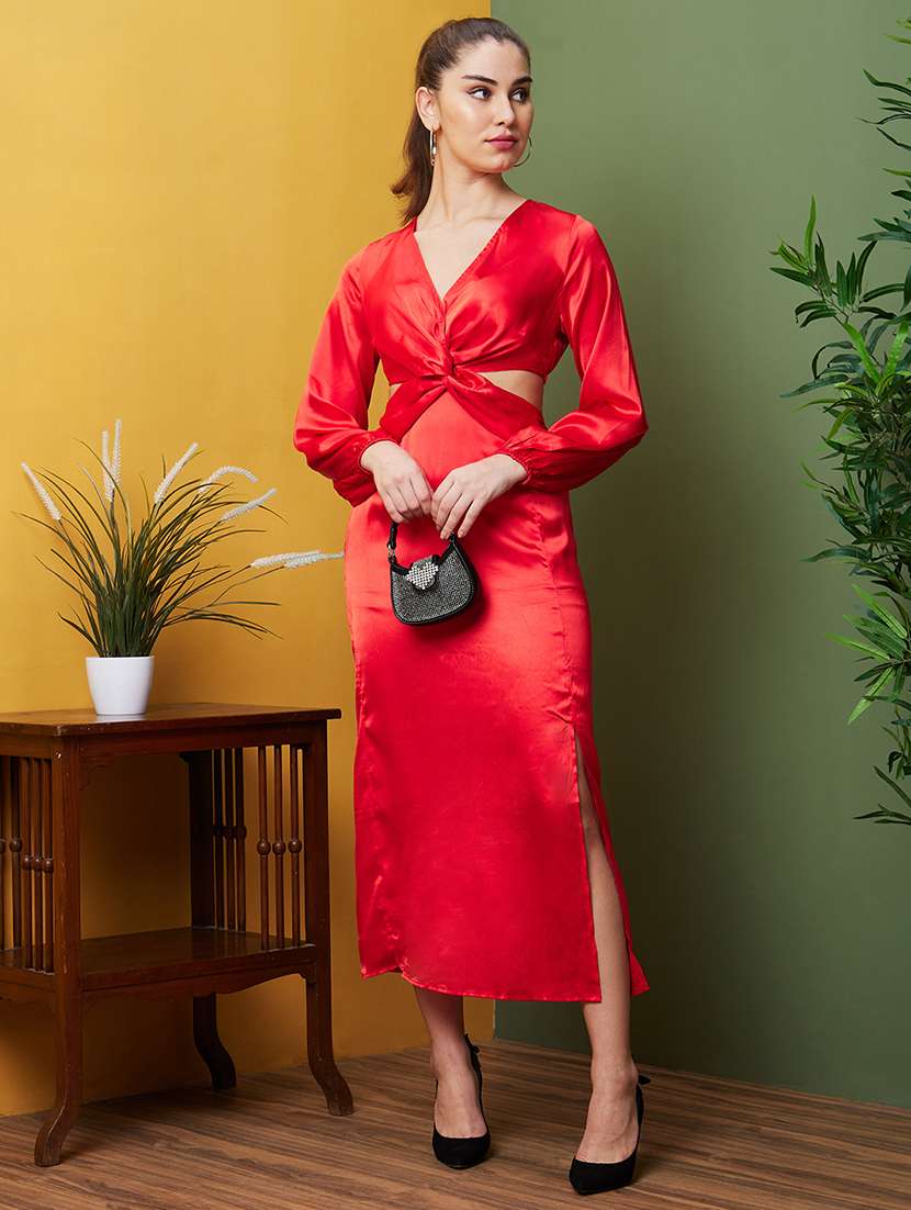 globus women red v-neck bishop sleeves cut-outs side slits a-line midi party dress