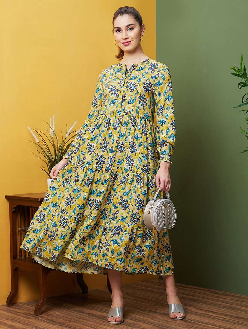 globus women multi yellow allover tropical printed tired fit & flare midi dress