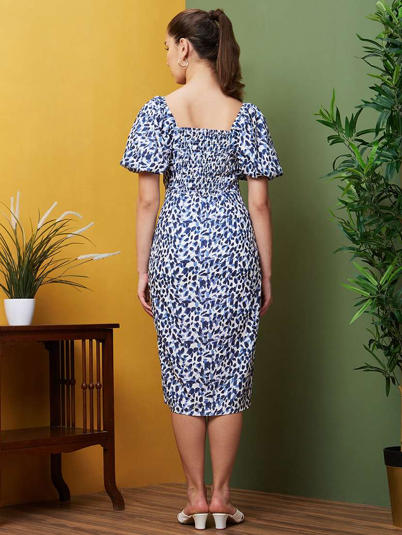globus women navy allover printed square neck puff sleeves front slit sheath dress - 21082066 -  Standard Image - 2