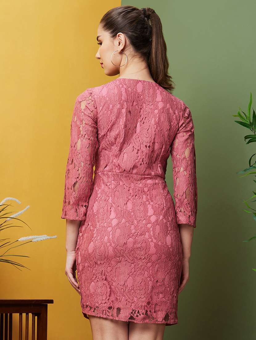 globus women mauve v-neck gathered opaque lace bodycon party dress - 21082071 -  Standard Image - 2