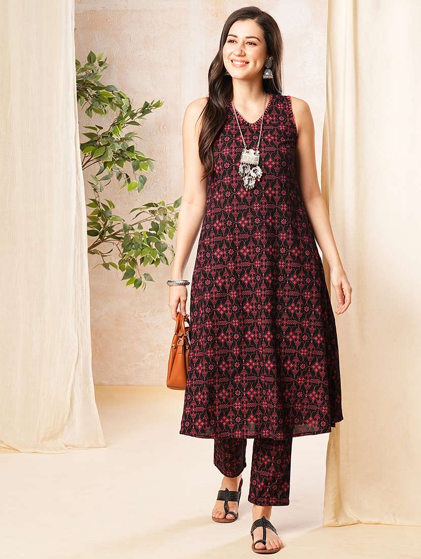 globus women black allover geometric print thread work v-neck a-line kurta & pants set