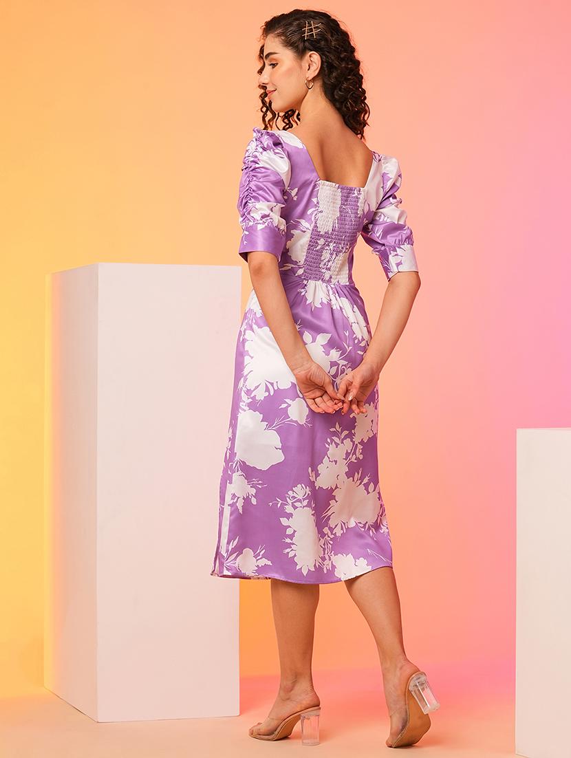 globus women lavender floral printed square neck puff sleeves smocked a-line midi dress - 21082089 - Standard Image - 2