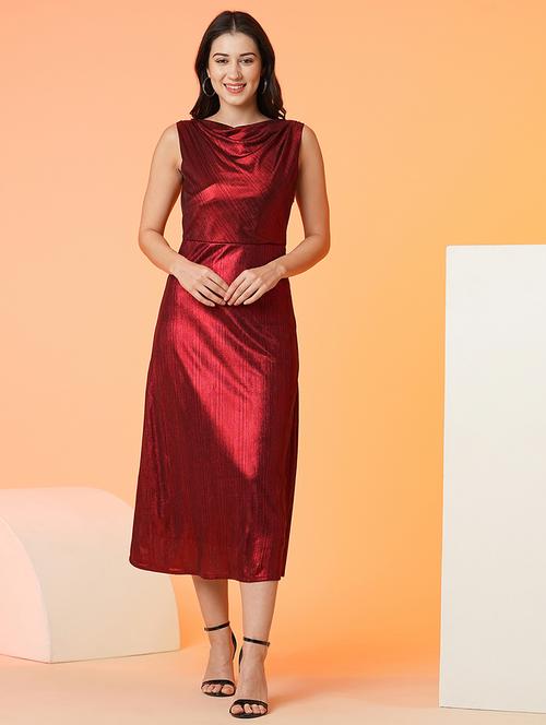 globus women red cowl neck side slits shiny a-line midi party dress - 21082097 - Standard Image - 0