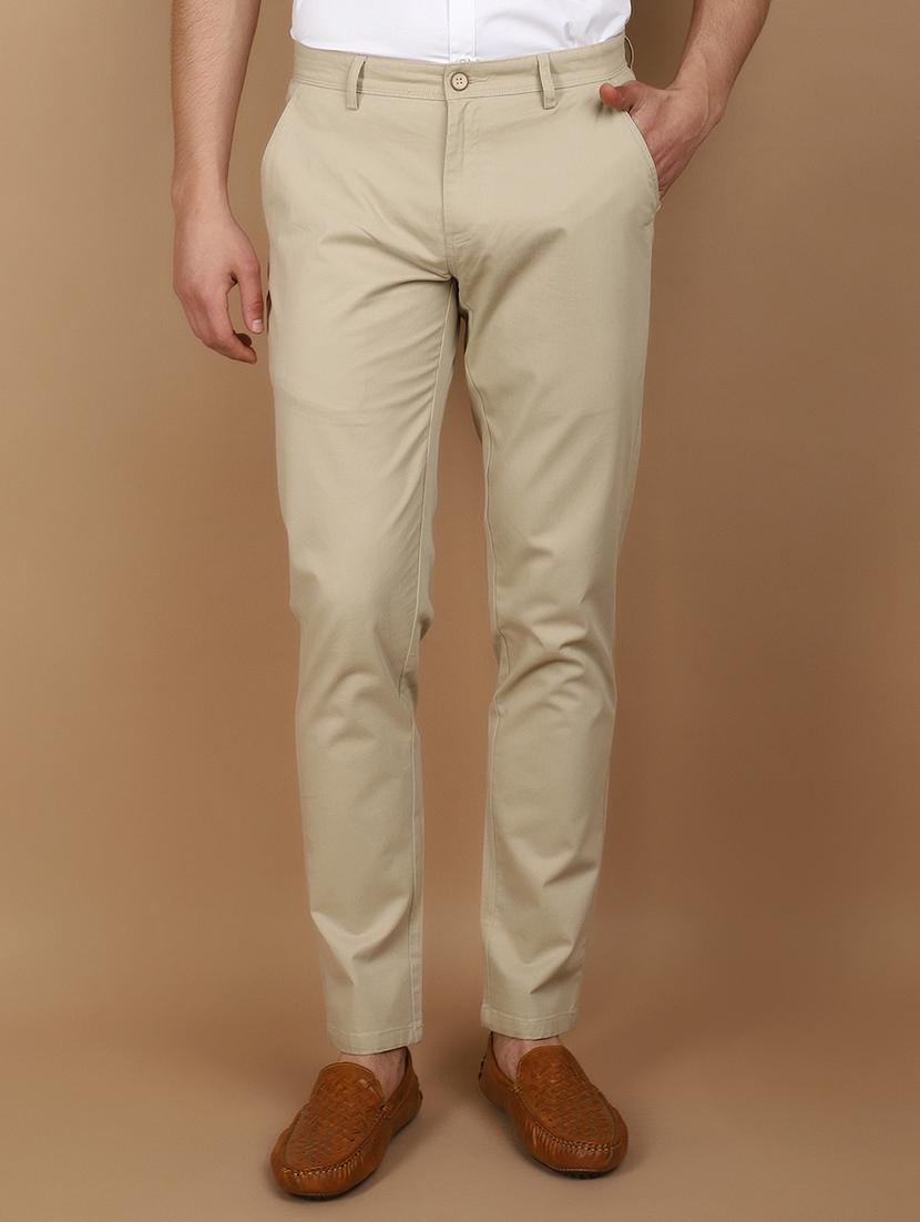 beige cotton flat front casual trousers - 21082156 - Zoom Image - 0