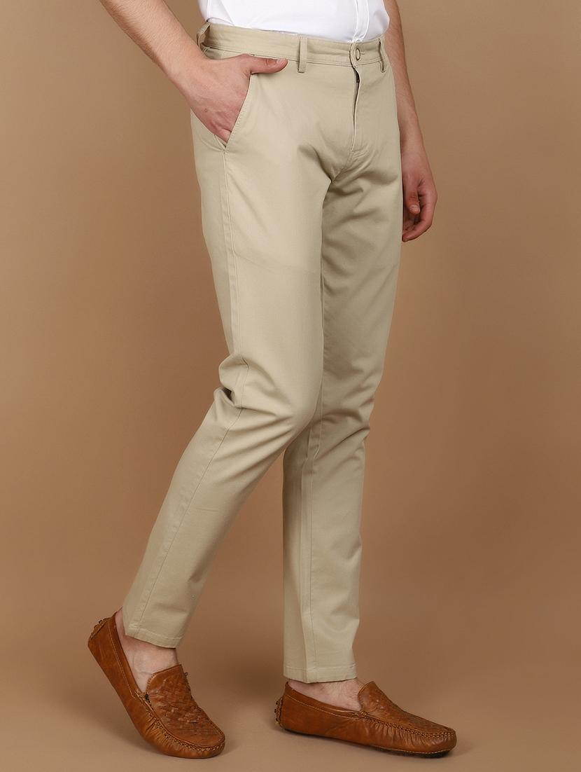 beige cotton flat front casual trousers - 21082156 - Standard Image - 2