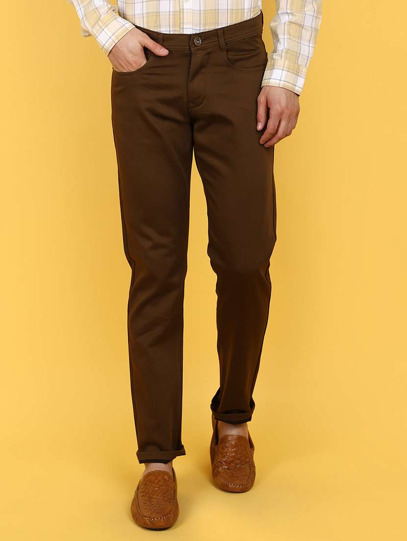 brown cotton flat front casual trousers