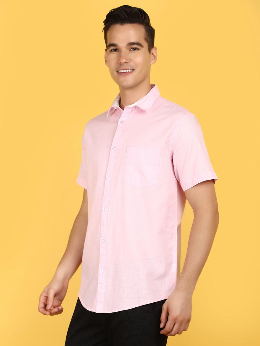 men pink solid regular fit collared casual shirt - 21082290 - Standard Image - 2