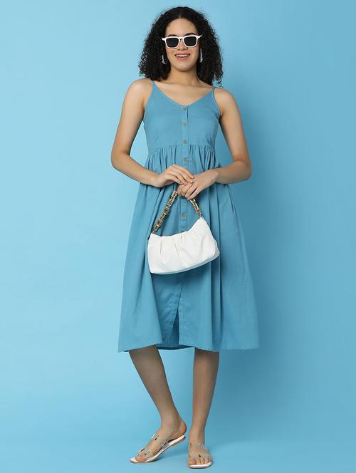 blue cotton fit & flare dress - 21082329 -  Standard Image - 0