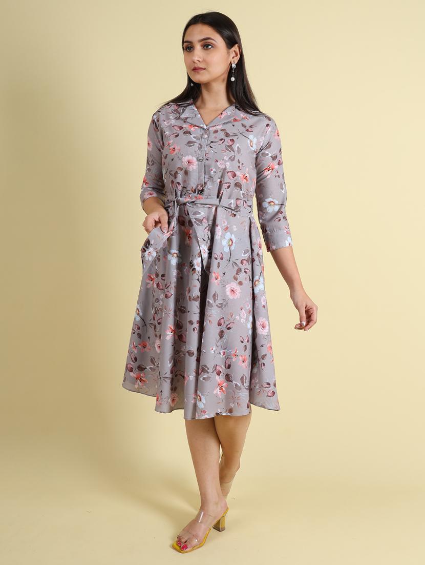 women grey floral fit & flare dress - 21083034 - Standard Image - 2