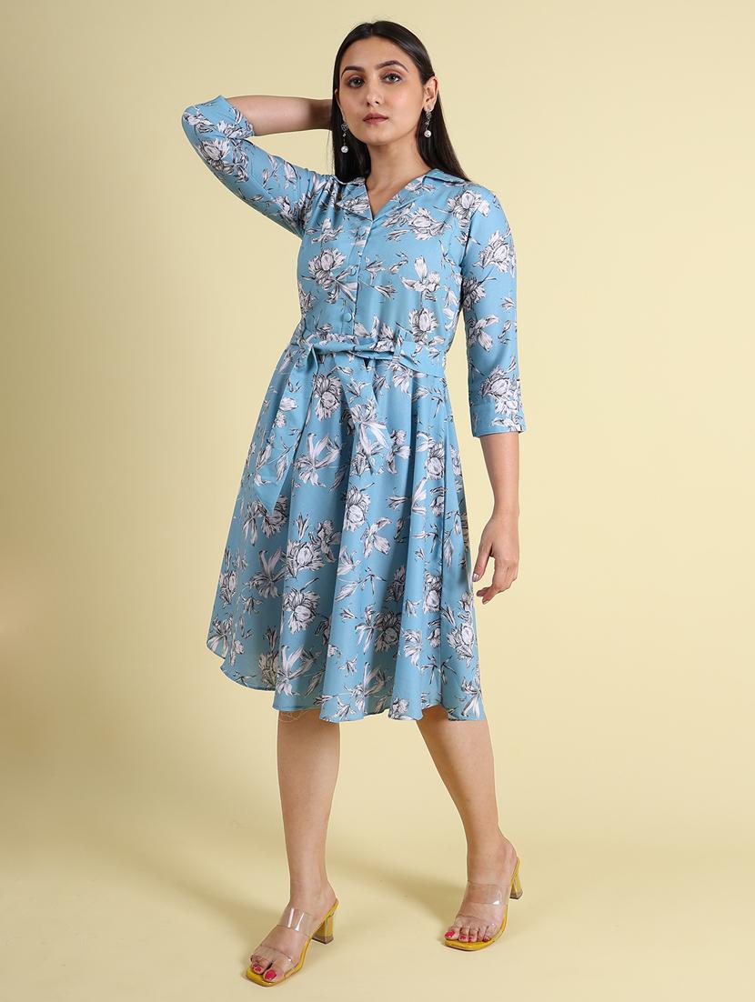 light blue linen fit & flare dress - 21083035 - Standard Image - 2