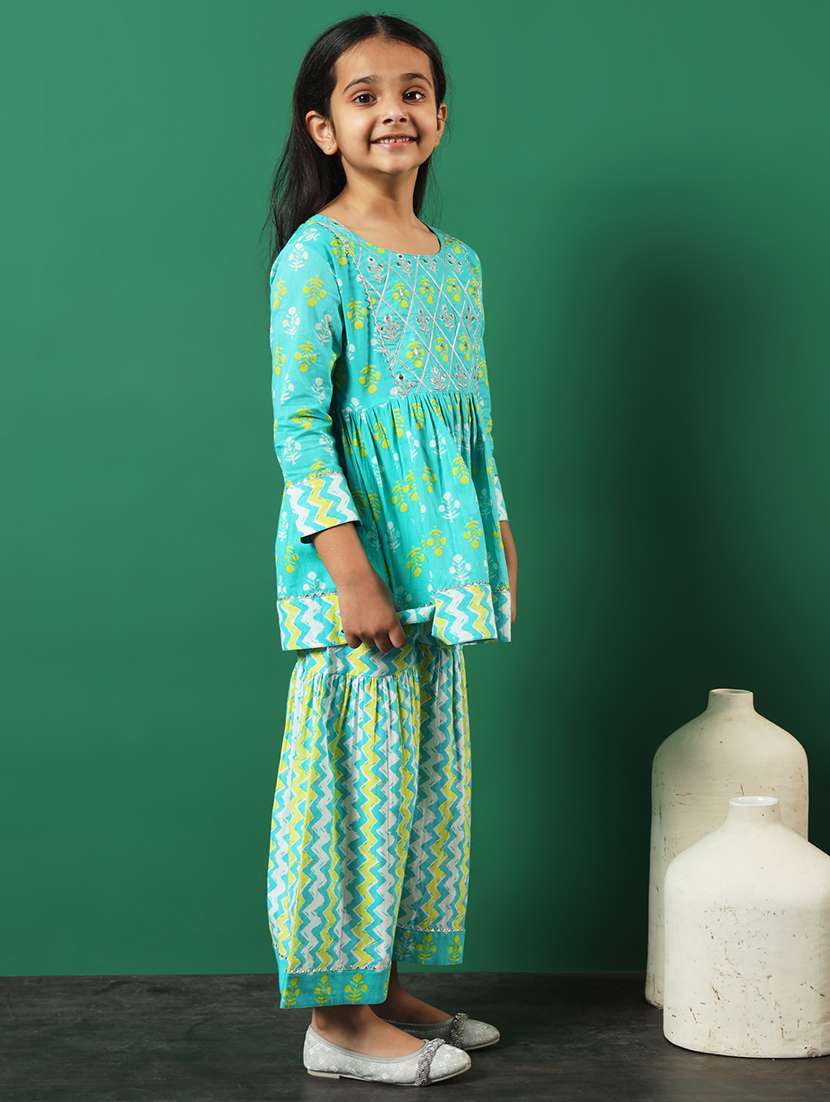 turquoise cotton kurta sharara set - 21083059 -  Standard Image - 2