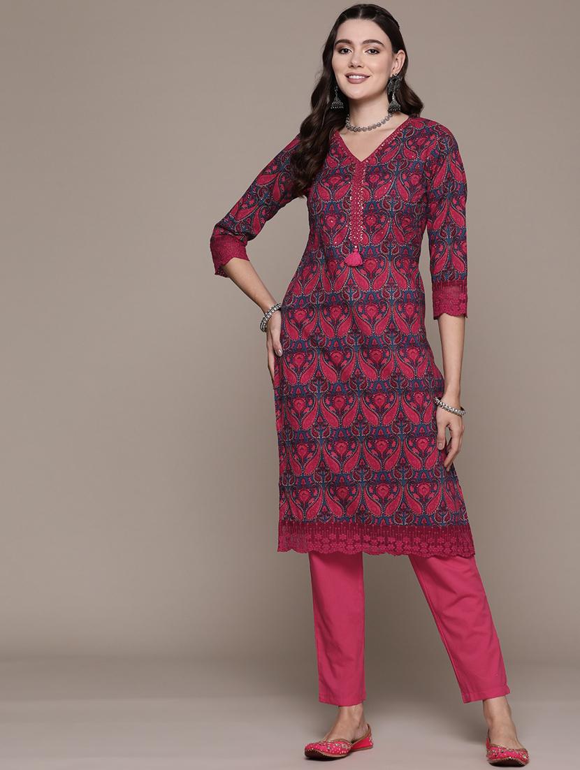 teal blue & pink printed kurta & pants set - 21087663 - Standard Image - 2
